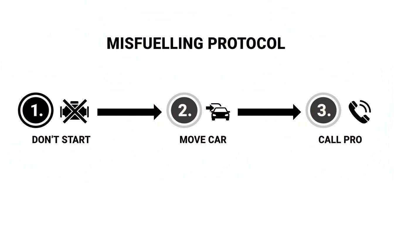 Infographic showing a three-step misfuelling protocol: don't start the engine, move the car, then call a professional.