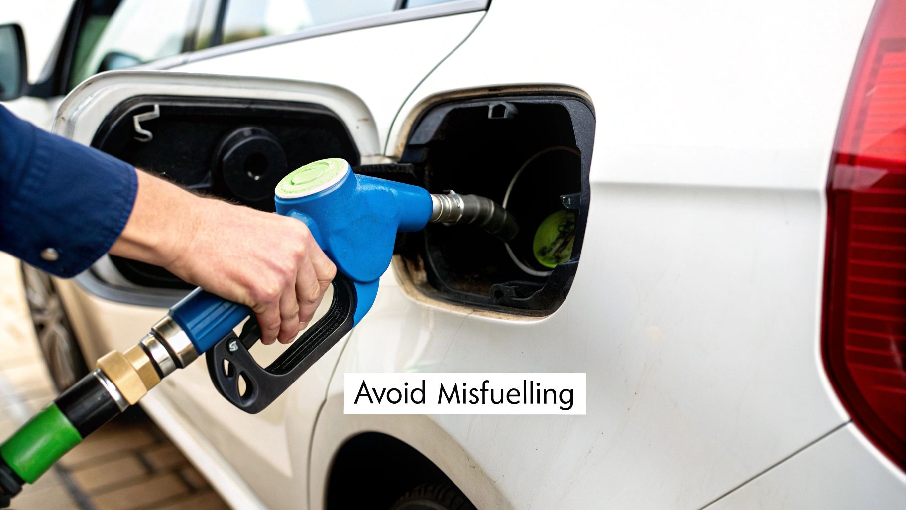 A hand inserts a blue fuel pump nozzle into the fuel tank of a white car.