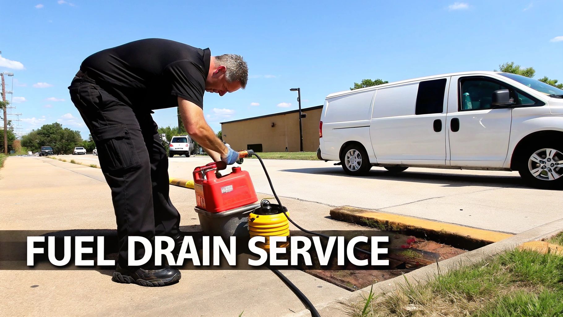 Professional performing a fuel drain service next to a white service van outdoors.