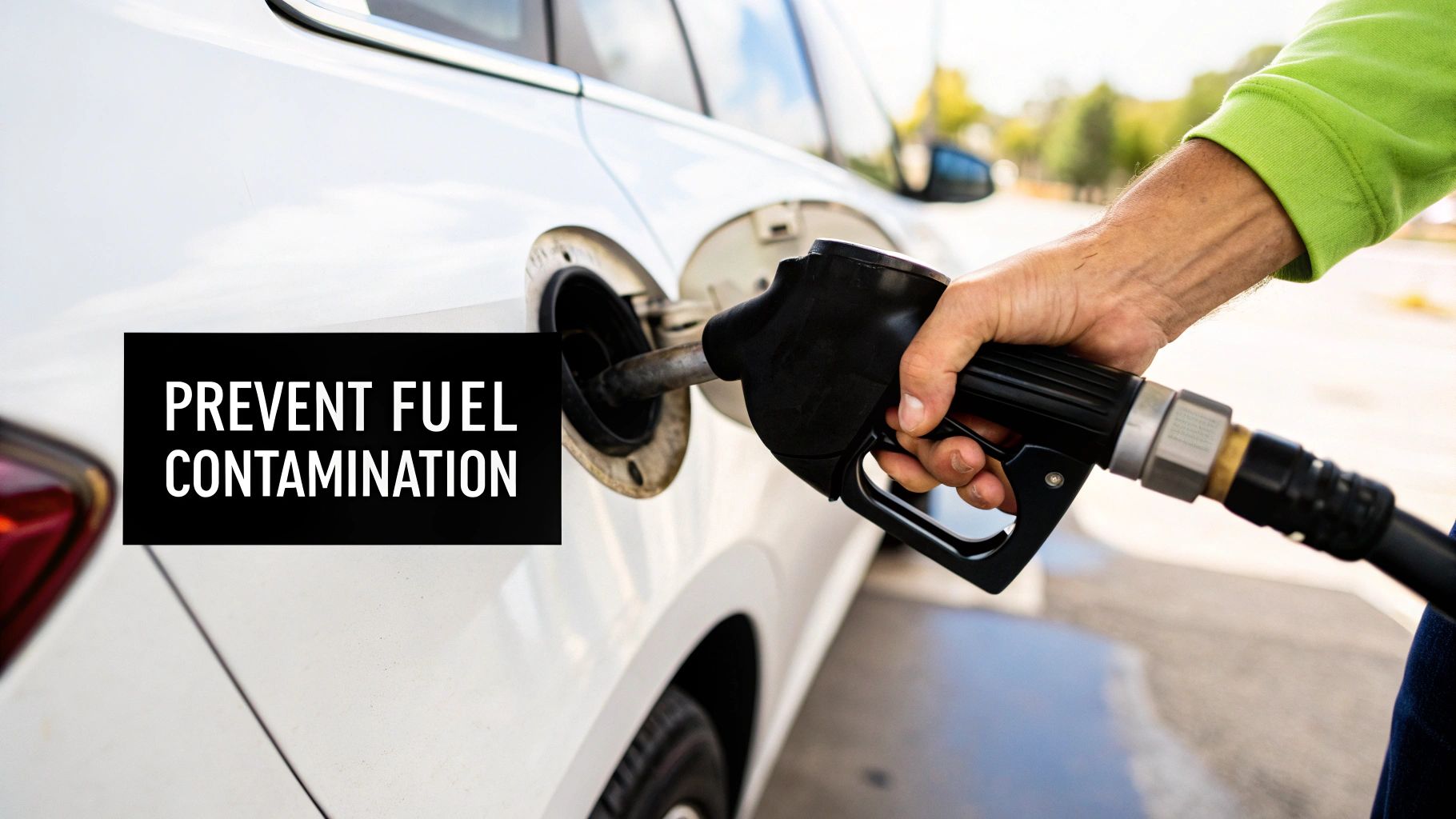 Close-up of a person's hand fueling a white car at a gas station, with text 'PREVENT FUEL CONTAMINATION'.