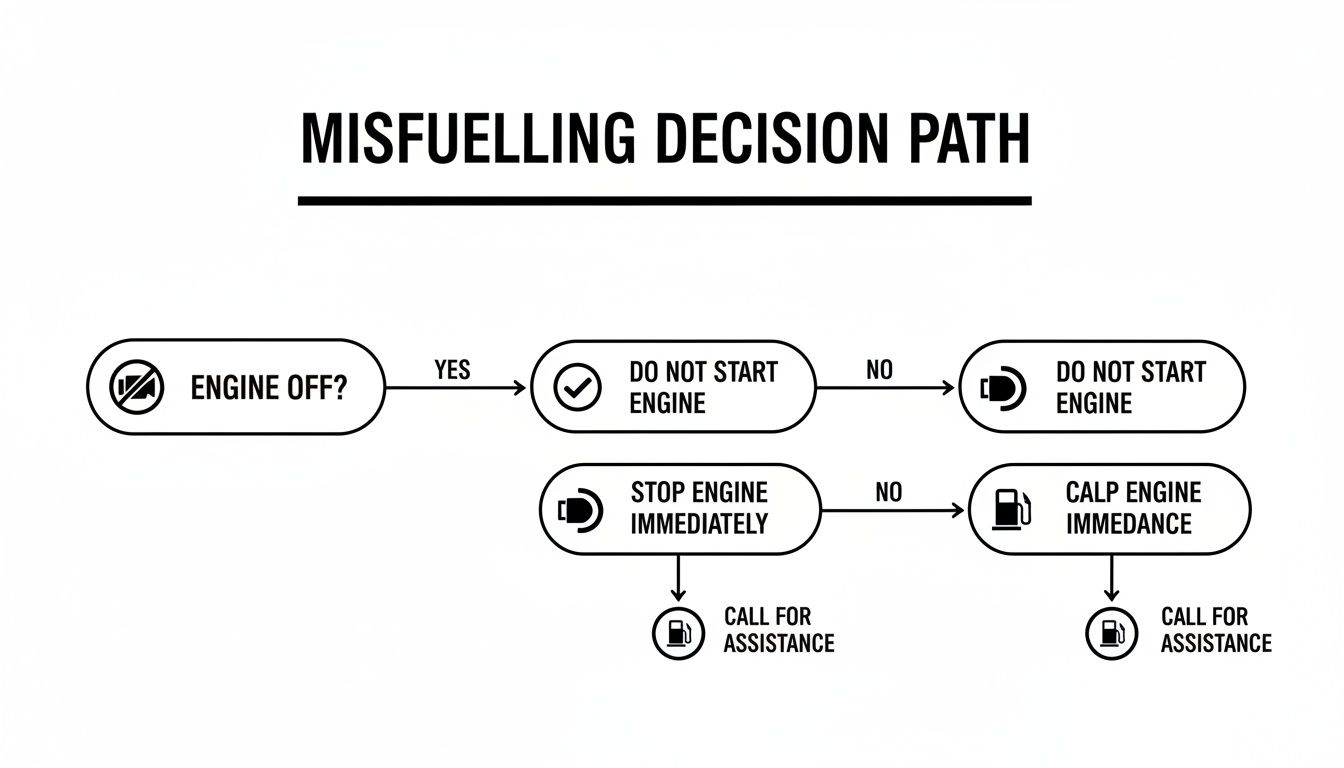 Flowchart for misfuelling: Do not start engine if off; stop immediately if running. Call assistance.