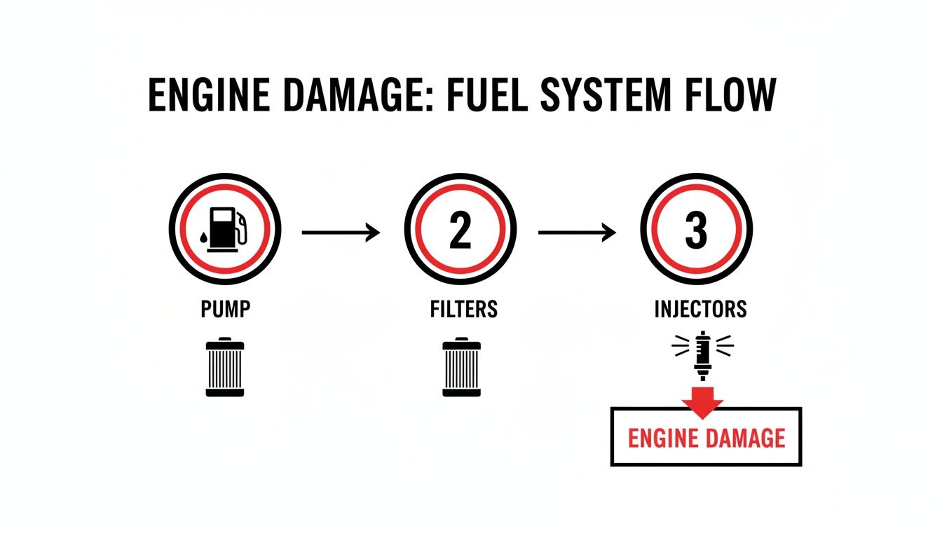 Flowchart illustrating the fuel system path from pump to filters to injectors, resulting in engine damage.