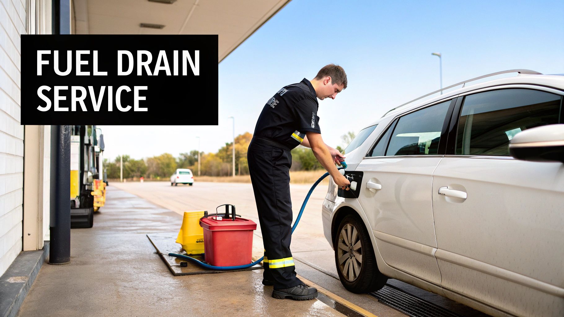A service technician in uniform drains fuel from a white car at a service station, indicating fuel drain service.