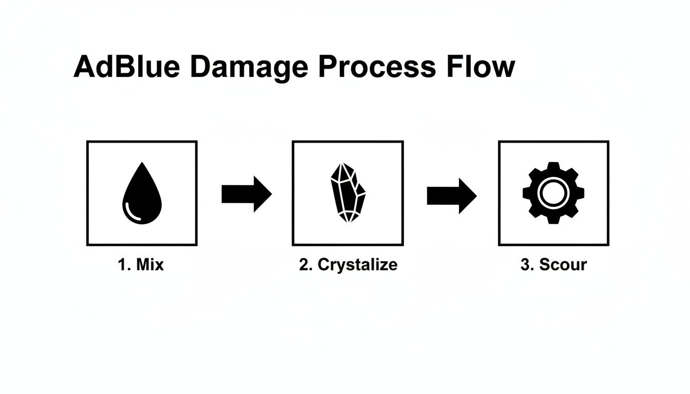 A diagram illustrating the AdBlue damage process flow through mixing, crystallization, and scouring.