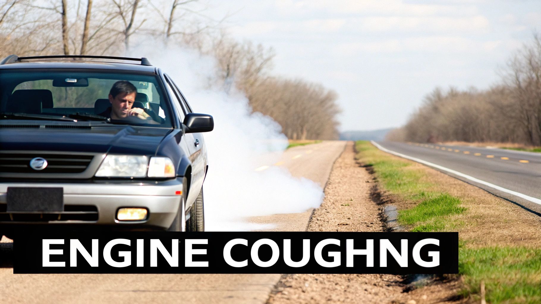 An SUV with a driver on a road, heavily smoking from its exhaust, indicating engine issues.