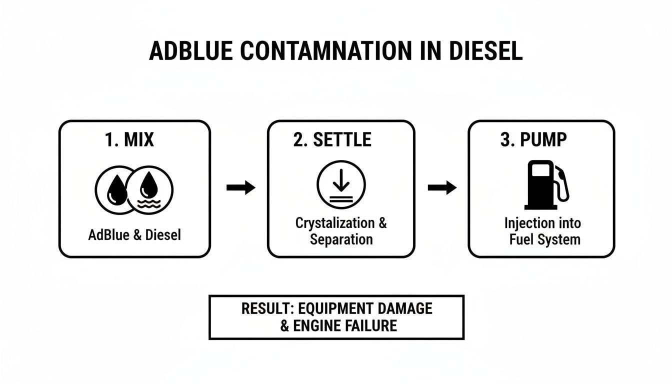 Diagram showing AdBlue contamination in diesel fuel, leading to crystallization, injection, equipment damage, and engine failure.
