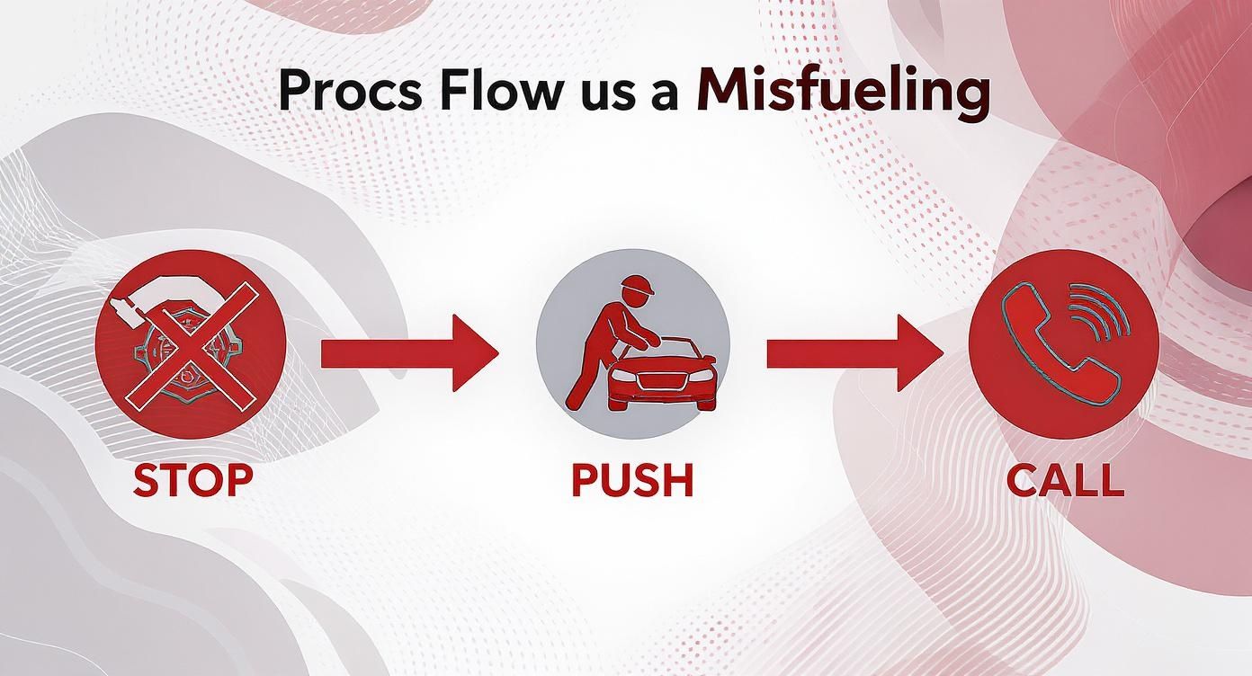 Process flow diagram showing stop, push, and call steps for misfueling prevention service