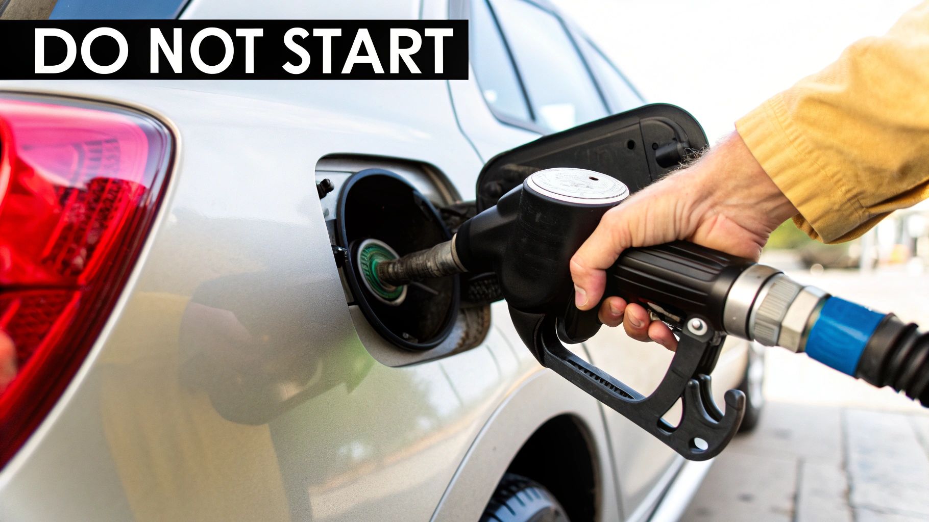 A person's hand fills a silver car with fuel, with a 'DO NOT START' warning.