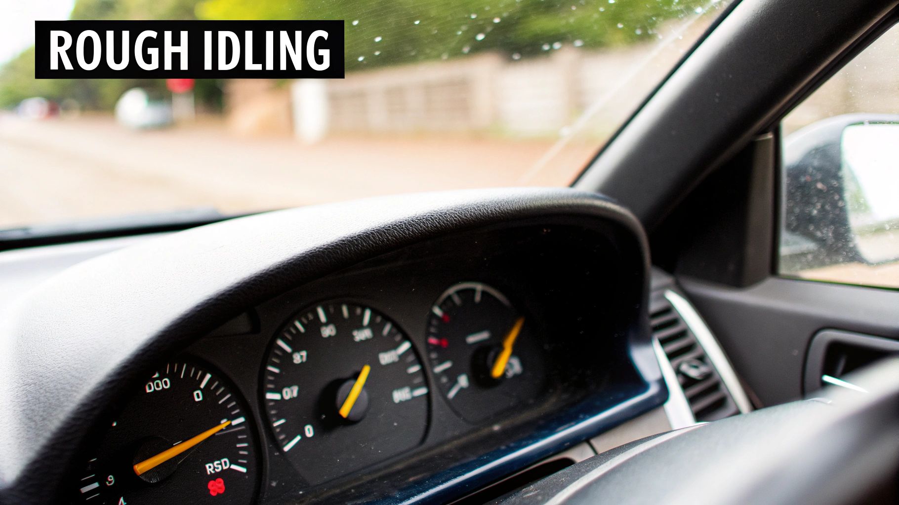 Inside a car, dashboard gauges with an illuminated warning light and "ROUGH IDLING" text on the windshield.