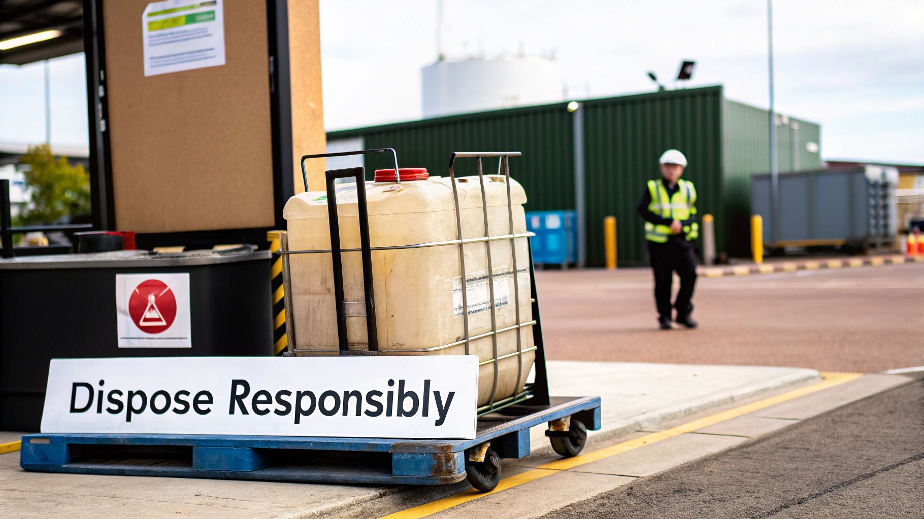 A certified hazardous waste container, clearly labelled, ready for the safe disposal of contaminated fuel.
