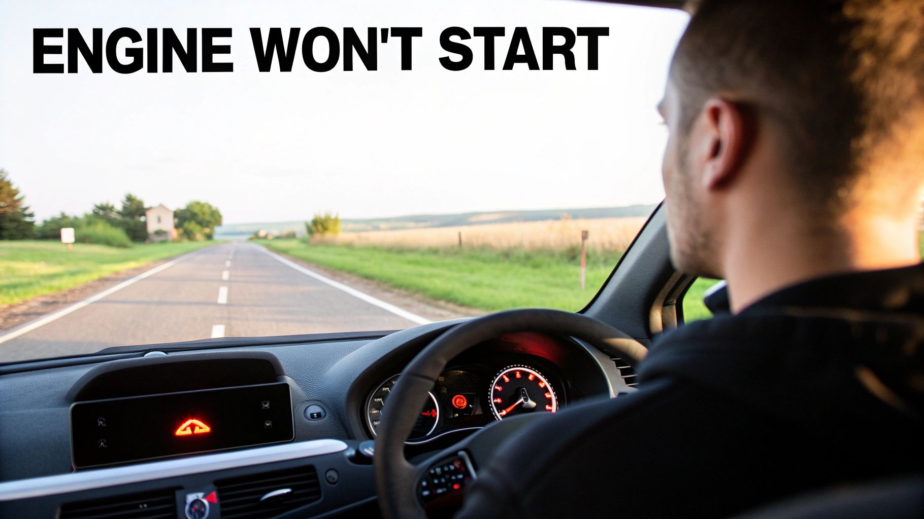 A driver looks at the road ahead, as a car's dashboard shows warning lights with the text 'ENGINE WON'T START'.
