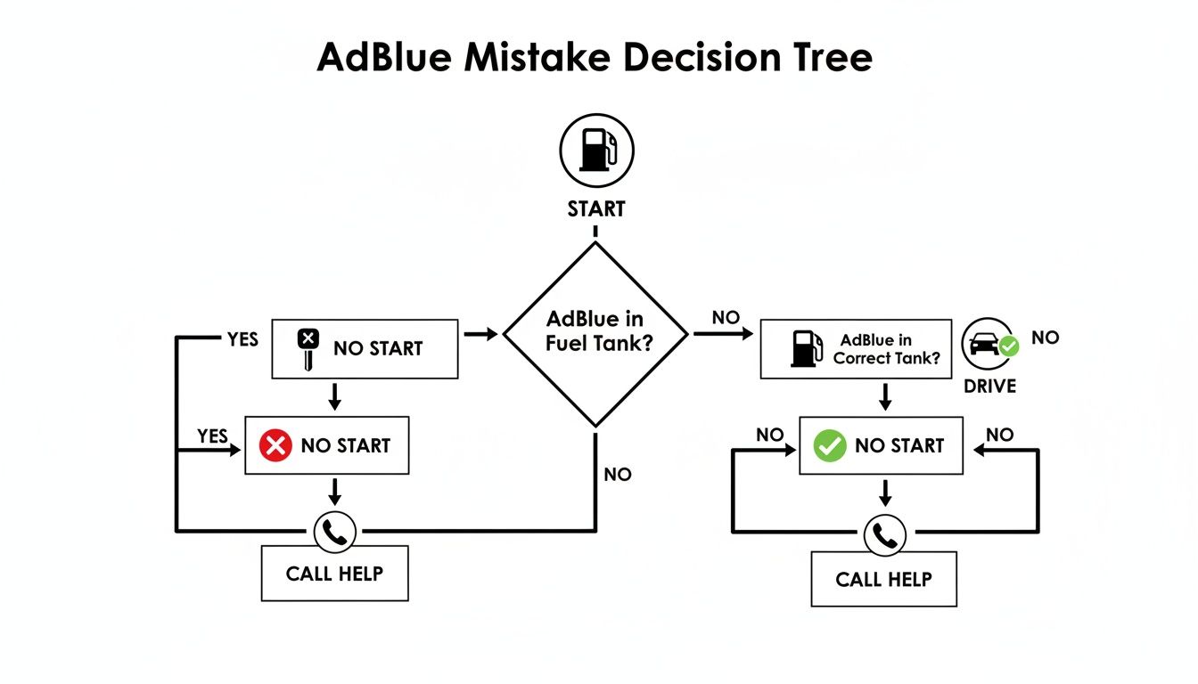 Decision tree flowchart troubleshooting AdBlue mistakes in fuel tank or starting issues.