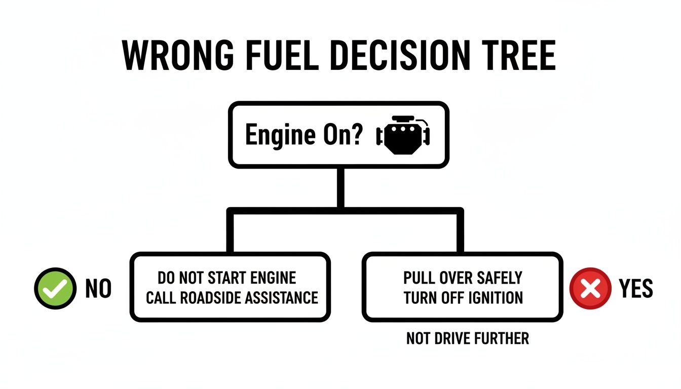 A decision tree flowchart for wrong fuel situations: 'Engine On?' leads to actions based on 'Yes' or 'No'.