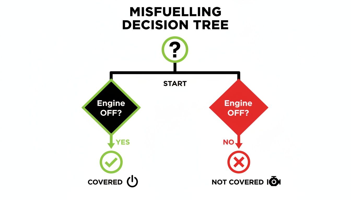 A misfuelling decision tree flowchart explaining if 'Engine OFF?' leads to 'COVERED' or 'NOT COVERED'.