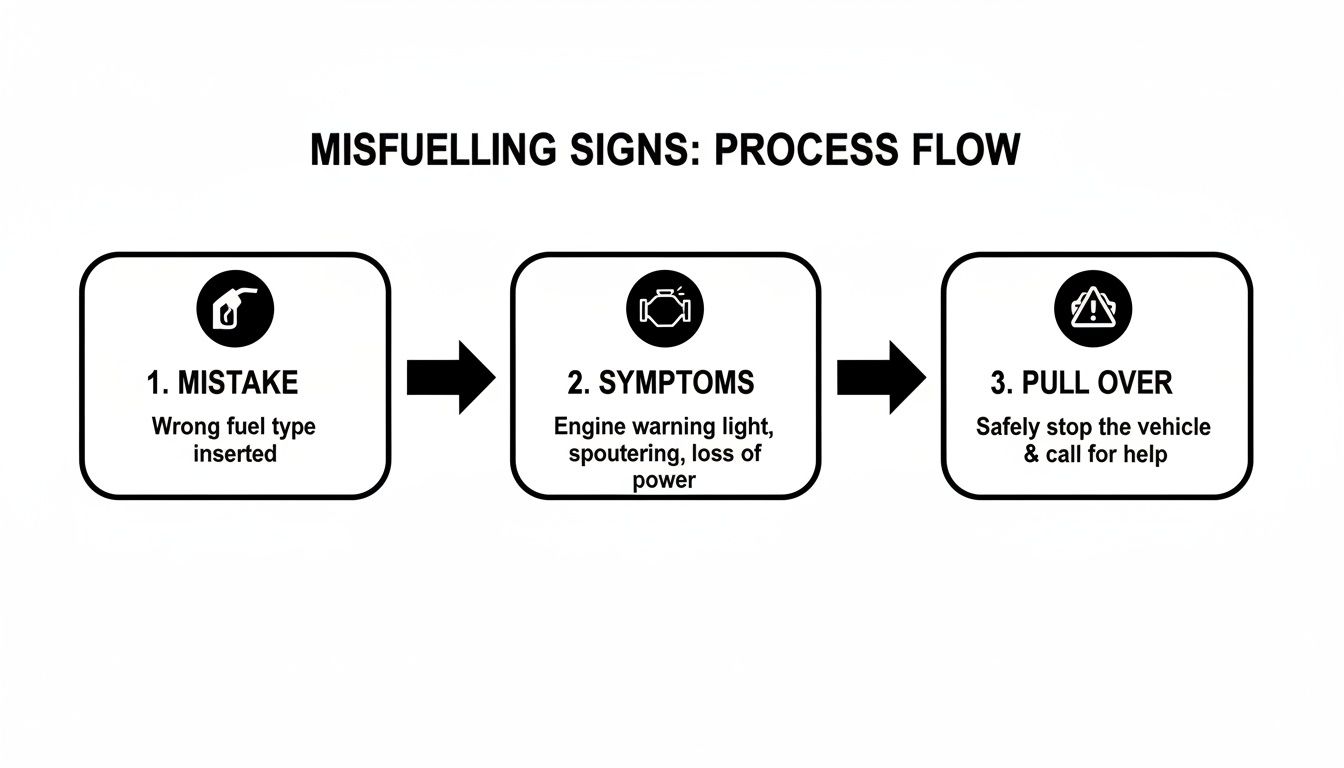 Process flow diagram illustrating misfuelling signs: wrong fuel, engine symptoms, and safe pullover.
