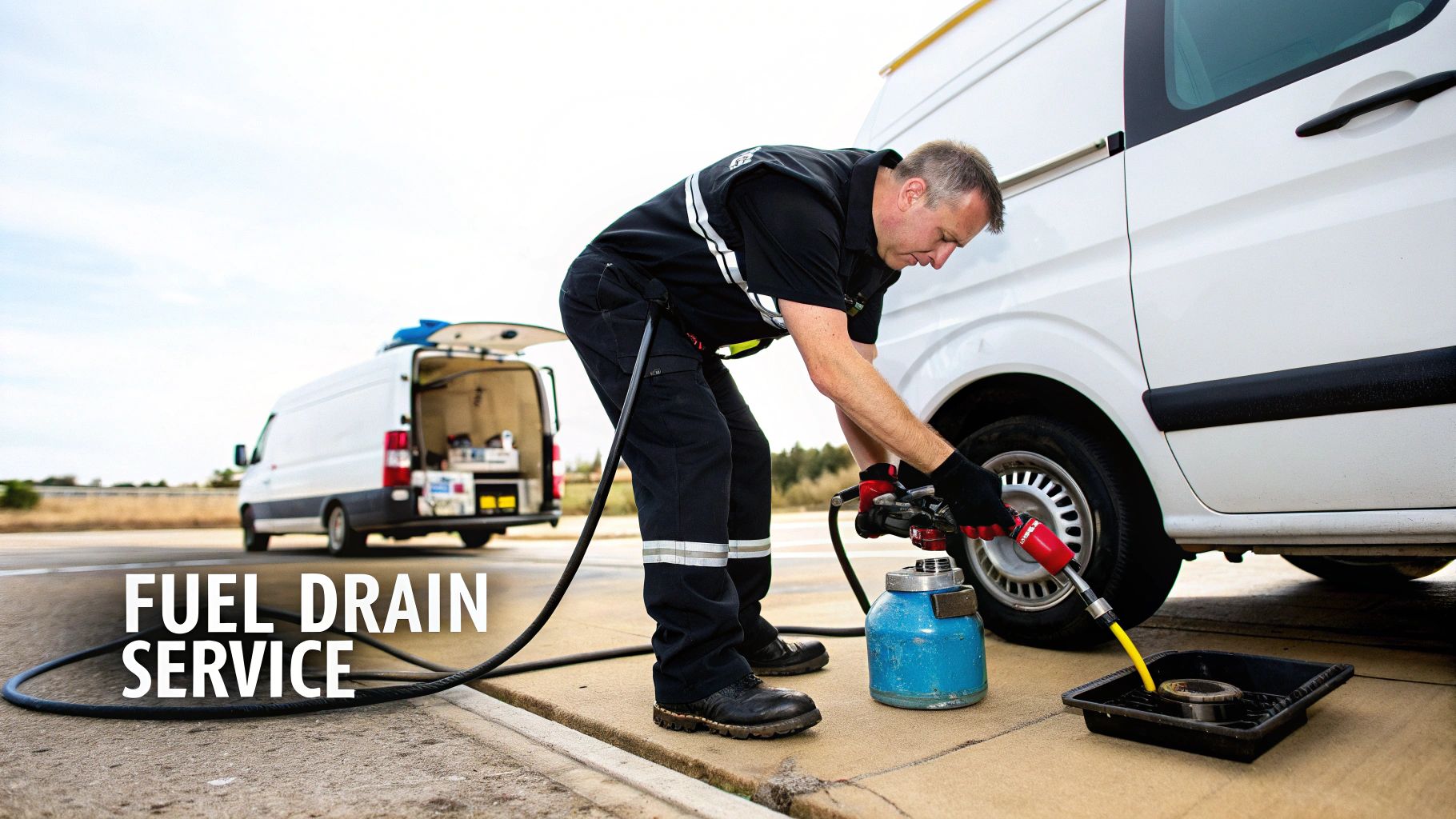 A professional mechanic performs a fuel drain service on a white van by the roadside.