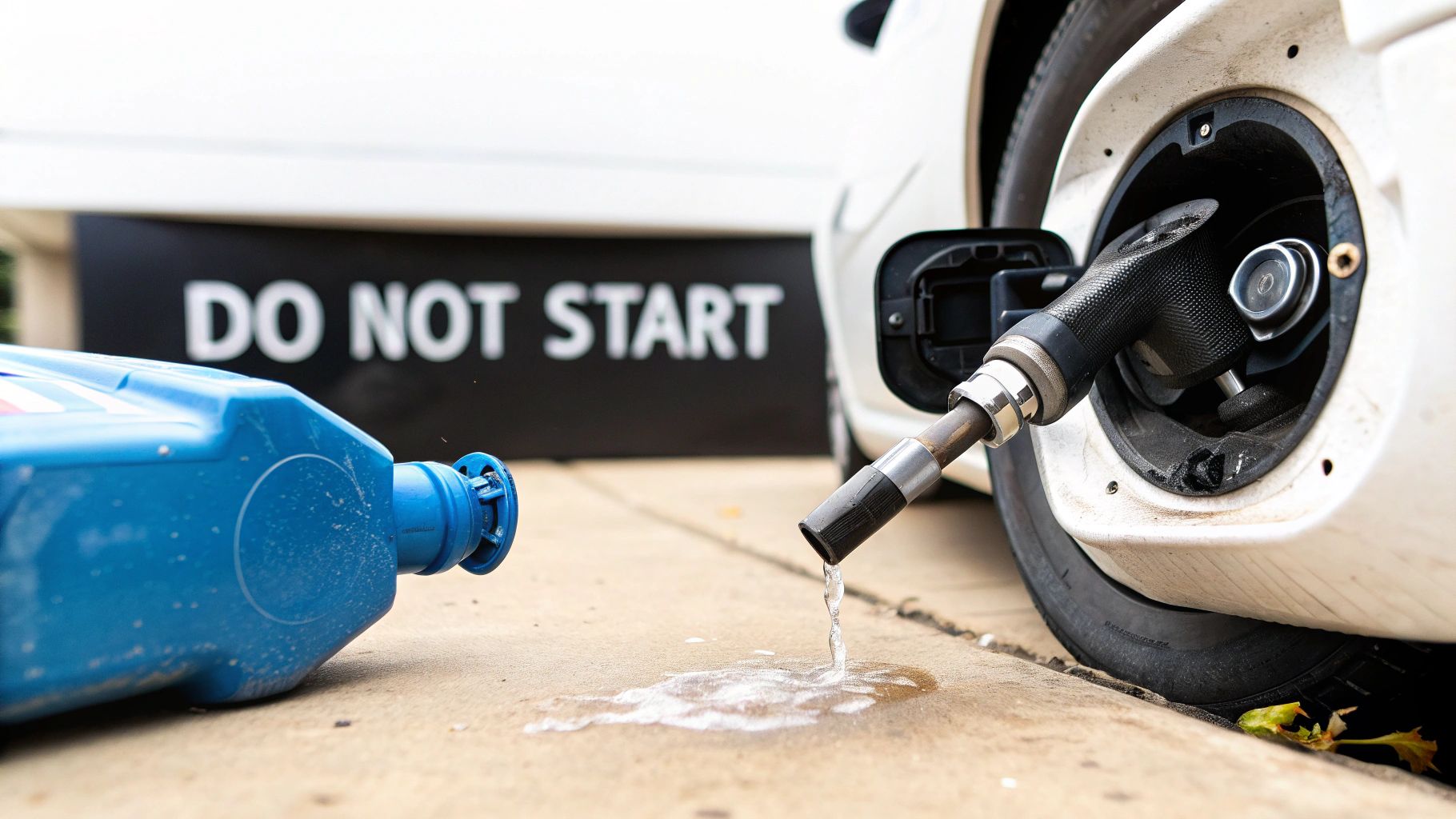 AdBlue container and a fuel nozzle spilling liquid near a car's fuel tank, with a 'DO NOT START' sign in the background.