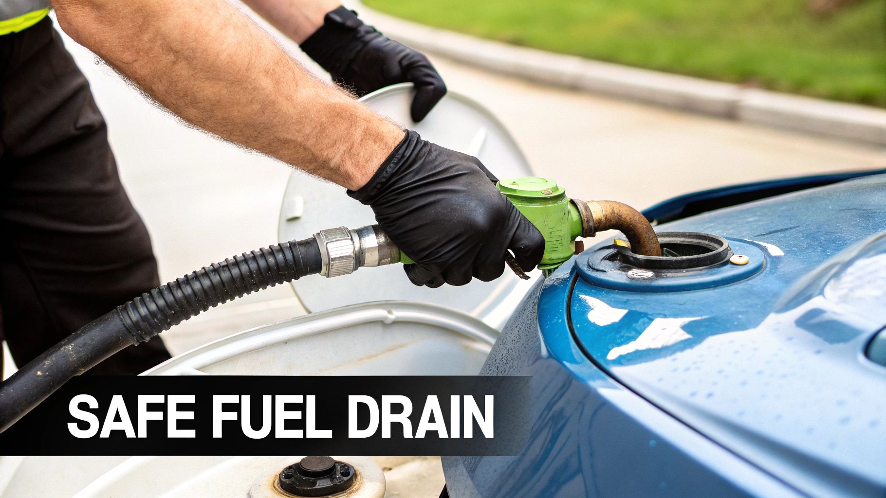 Close-up of gloved hands carefully inserting a green fuel nozzle into a blue car's tank.