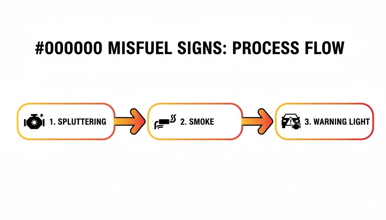 Process flow illustrating three misfuel signs: engine sputtering, smoke from exhaust, and car warning light.