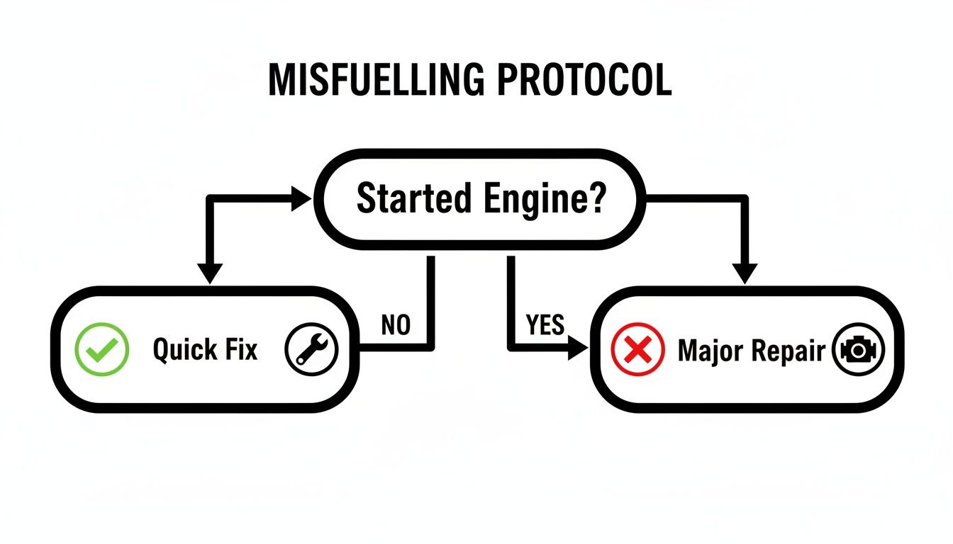A flowchart for misfuelling protocol: if the engine started, expect a major repair; if not, a quick fix.