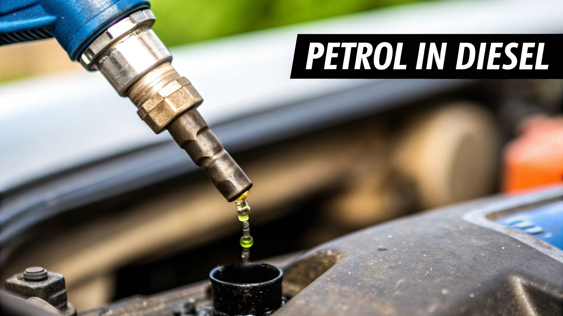 A close-up shot of a diesel fuel pump nozzle next to a petrol one at a fuel station, highlighting the potential for a mix-up.