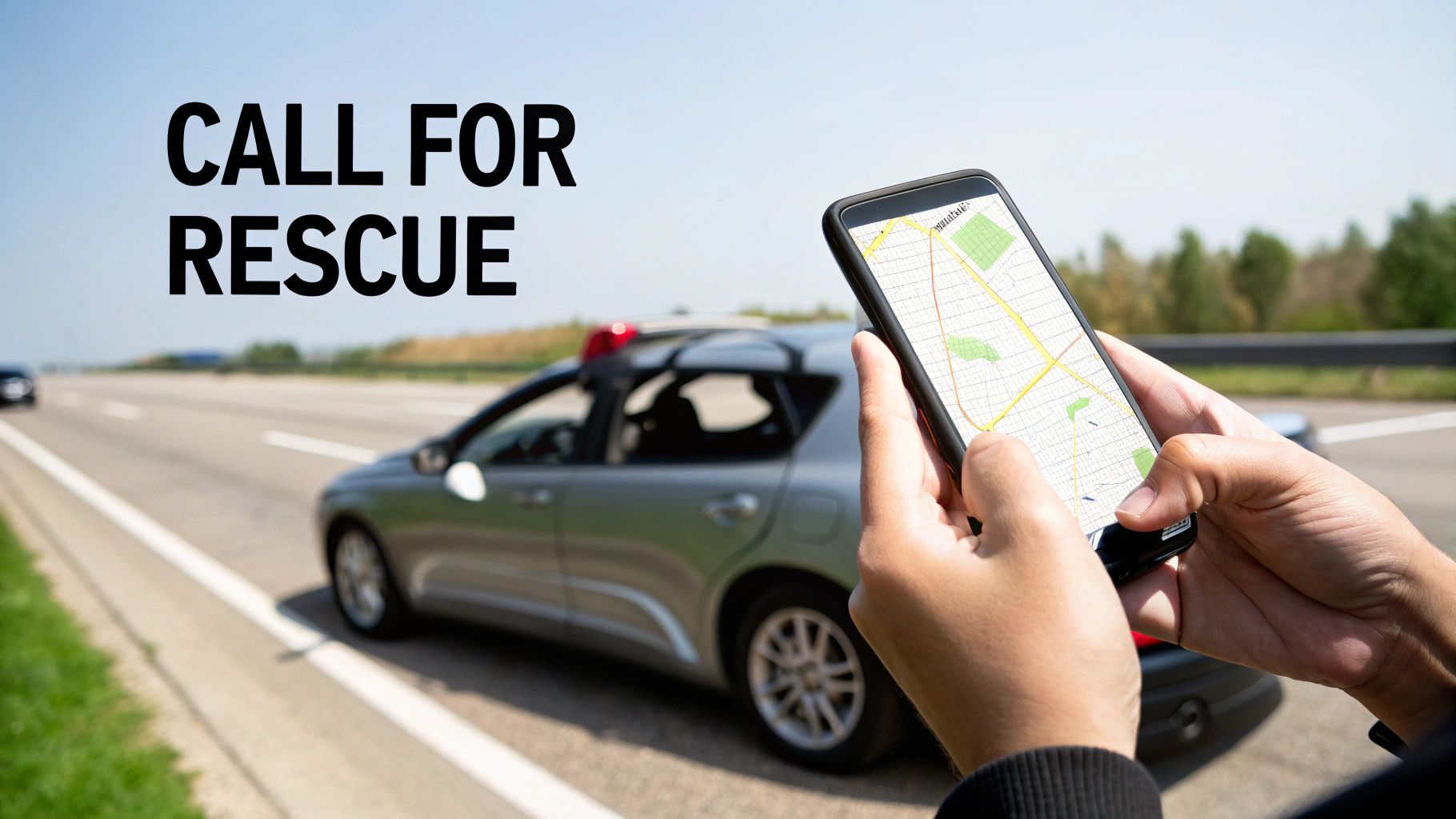 Person using smartphone with map to call for roadside rescue service near broken down car on highway