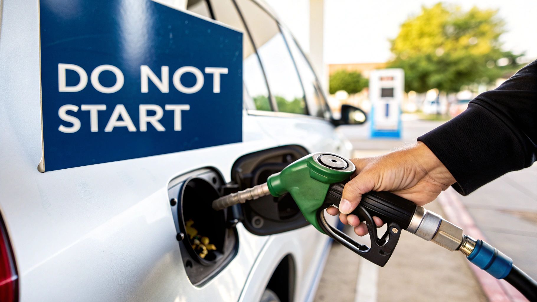 A car being refuelled at a petrol station, illustrating the moment a driver might realise they've put diesel in an unleaded car.