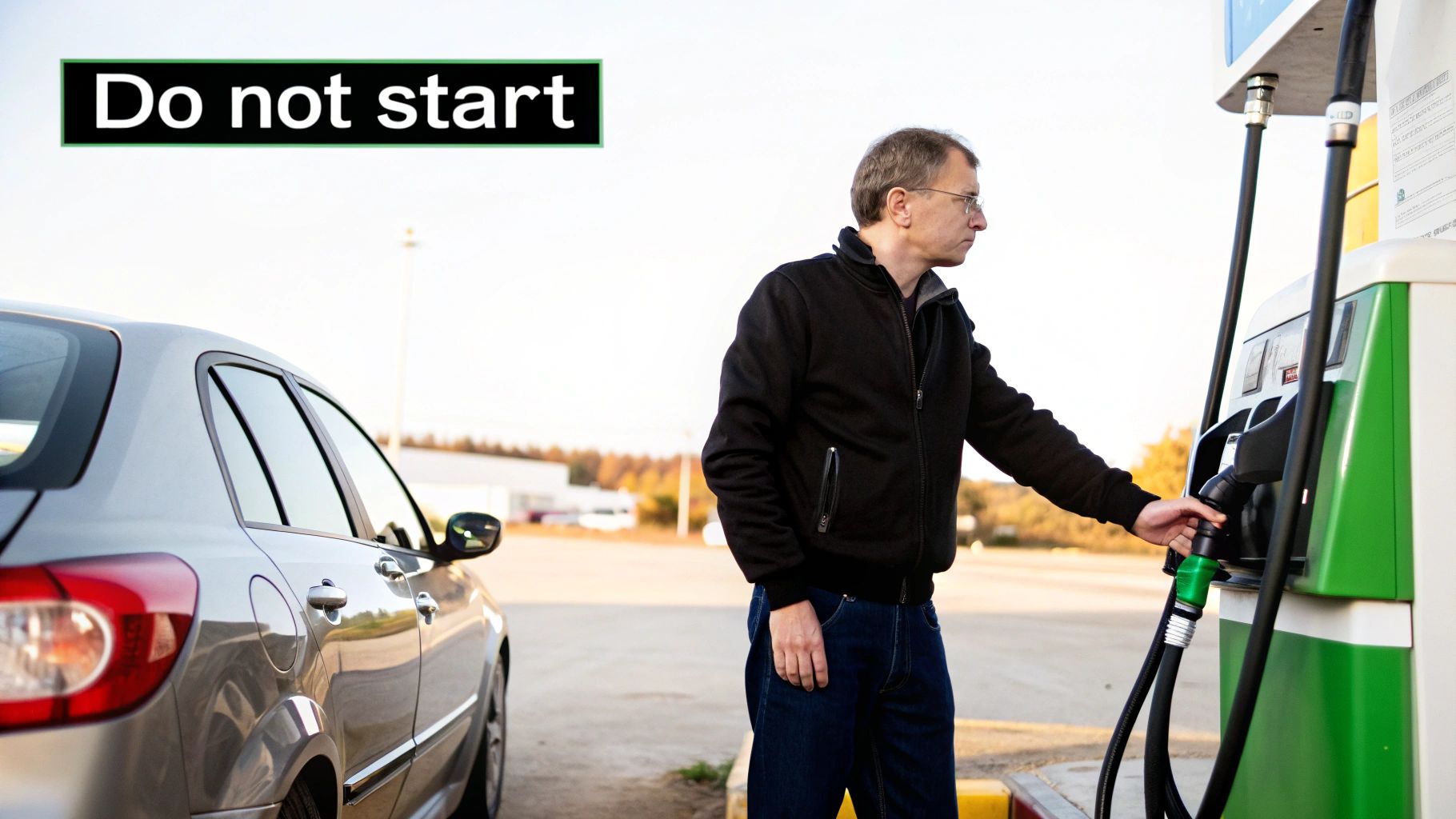 A man at a gas station holds a fuel pump nozzle next to a silver car, with a "Do not start" sign.