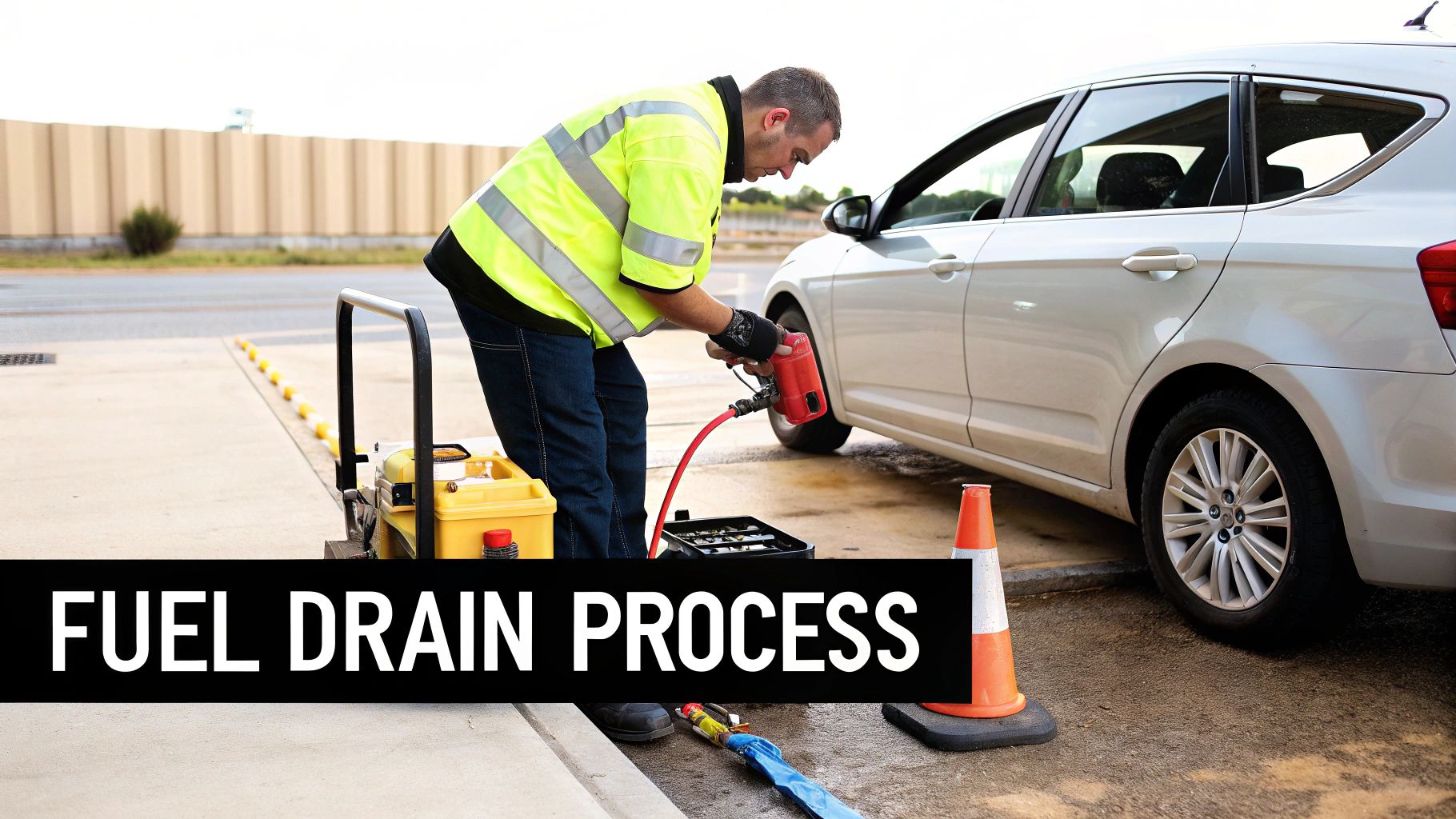A man in a high-visibility vest performing a fuel drain process on a silver car.