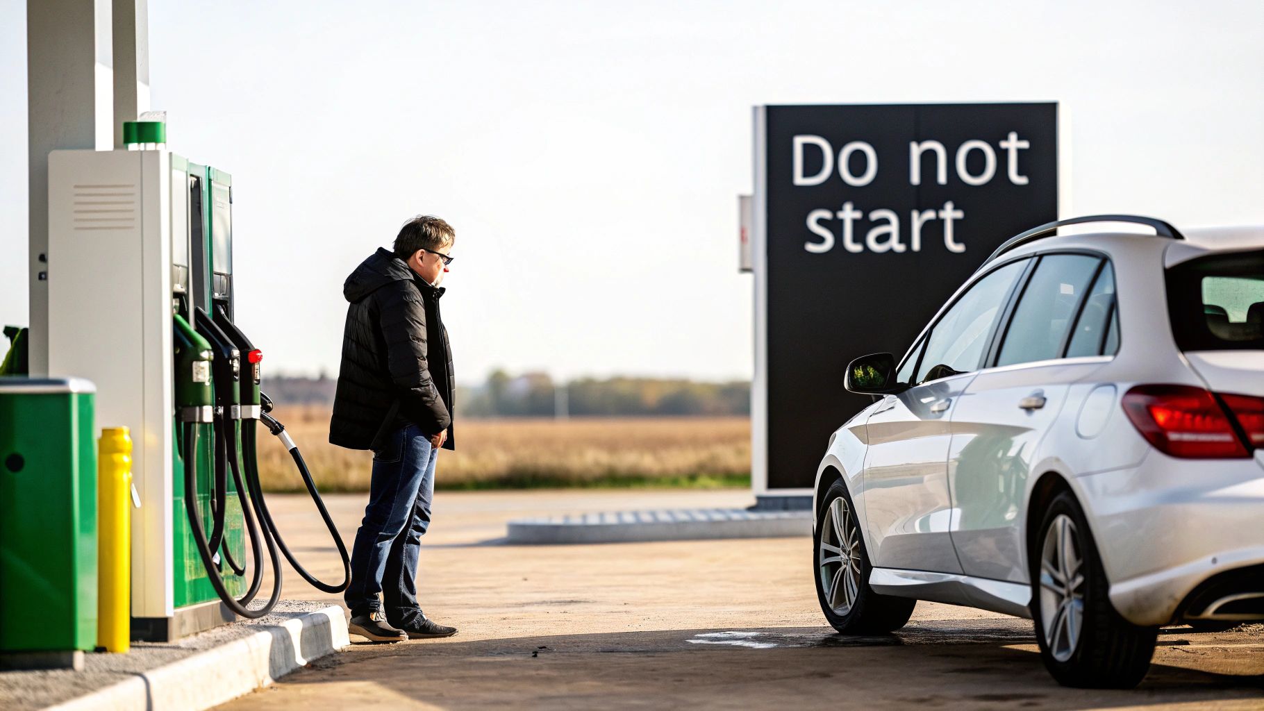 A man stands by a gas pump with a nozzle, next to a white car and a 'Do not start' sign.