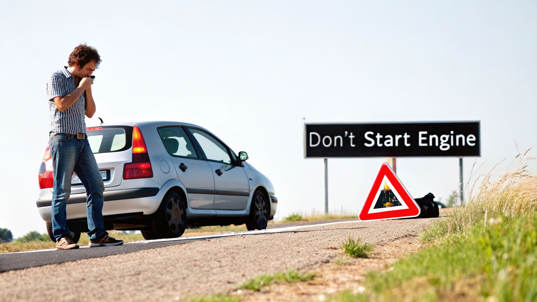 A man calls for help next to his broken-down car on a roadside with a &#39;Don&#39;t Start Engine&#39; sign.