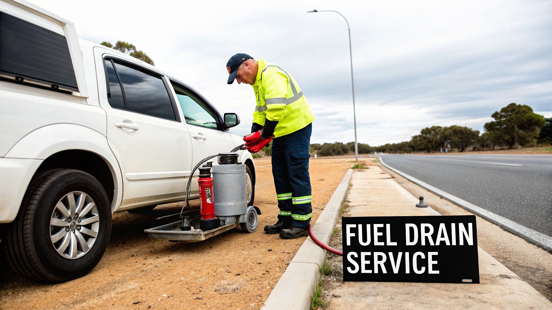 A mechanic in high-visibility gear draining fuel from a white SUV on a dirt shoulder.