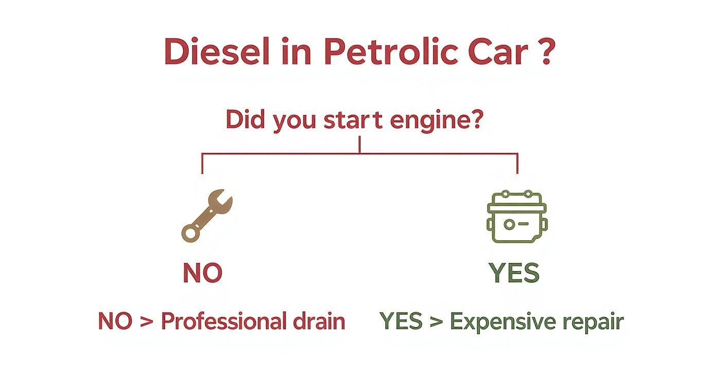 Decision tree explaining consequences of putting diesel in a petrol car, based on engine start.