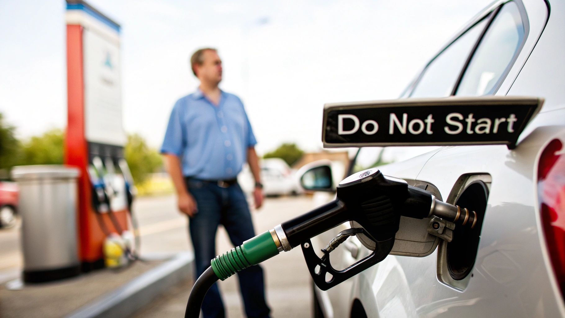 A man at a gas station fueling a white car with a 'Do Not Start' sign.