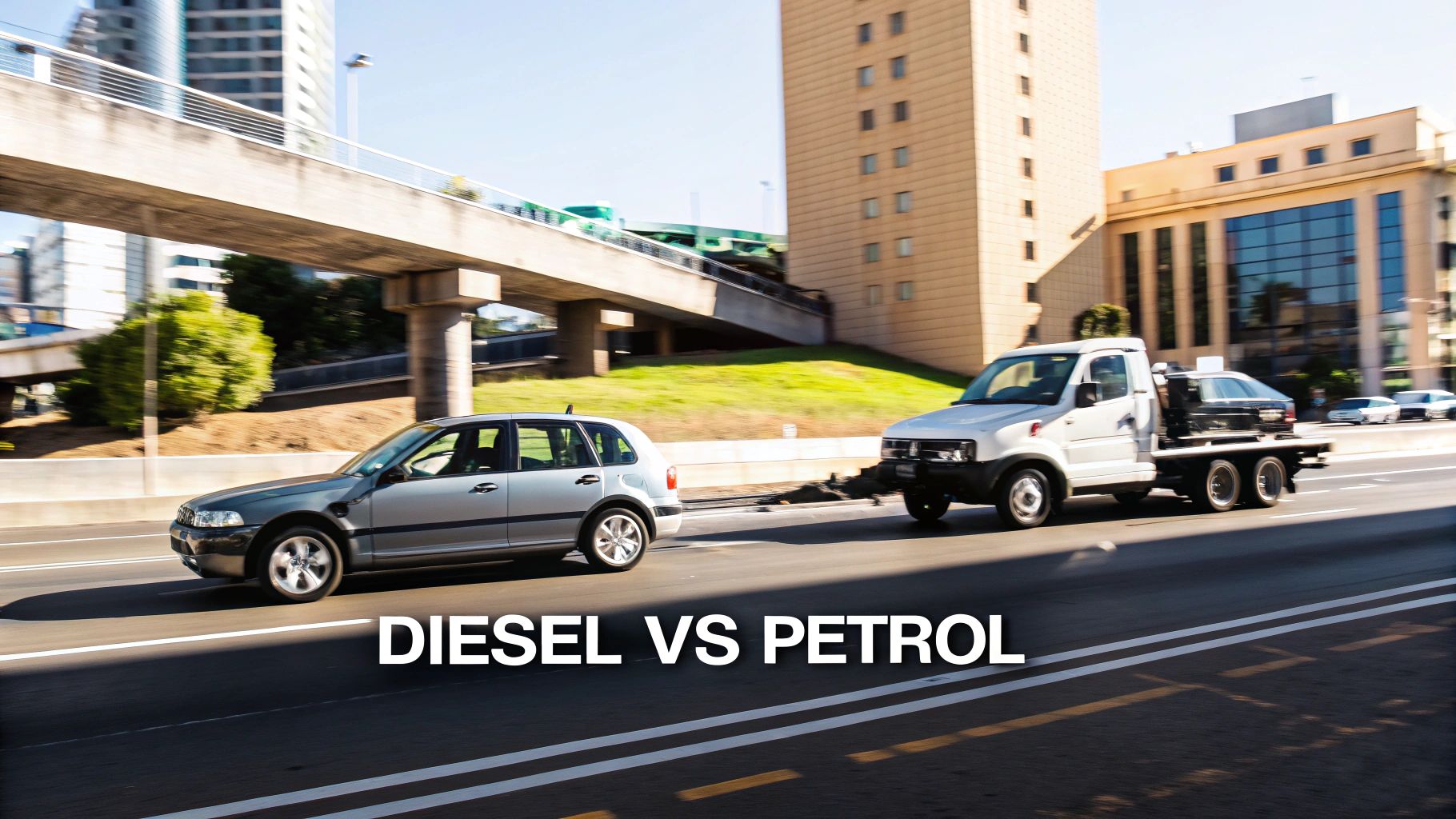 Cars, including a tow truck, driving on a busy city road with buildings and a bridge, featuring 'DIESEL VS PETROL' text.