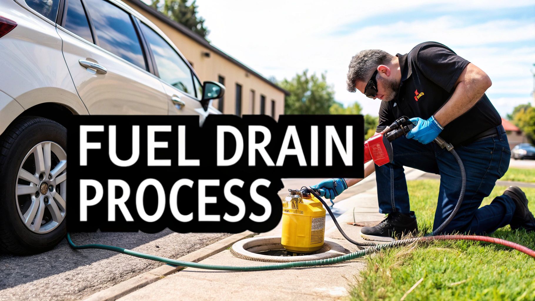 A technician wearing gloves drains fuel from a white car into a yellow container, illustrating a fuel drain process.