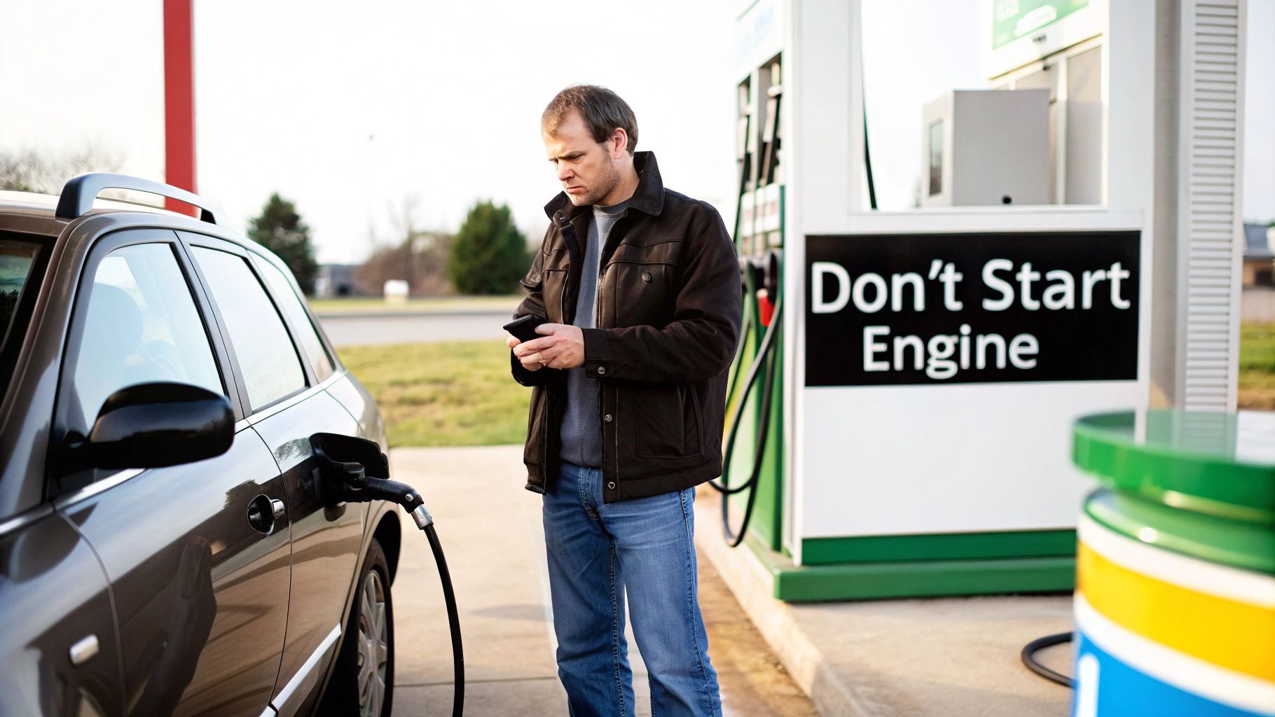 A man checks his phone while refueling his diesel car at a gas station, a warning sign visible.