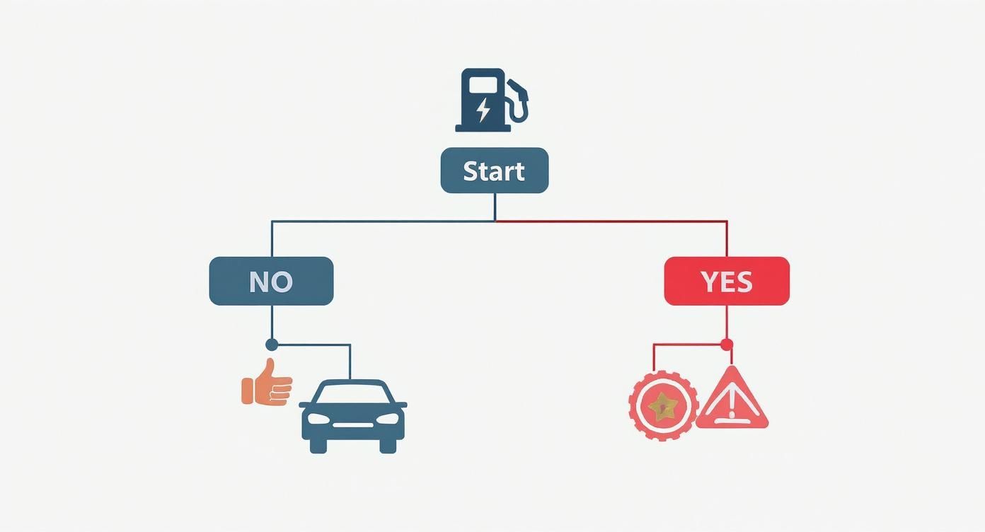 Flowchart showing decision tree for fuel pump with yes or no paths leading to outcomes