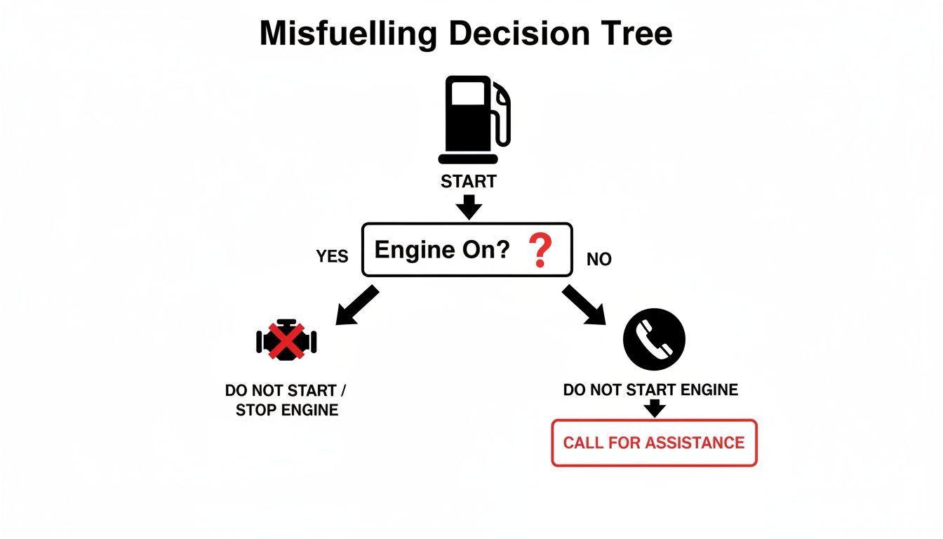 A misfuelling decision tree flowchart outlining steps based on whether the engine is on or off.