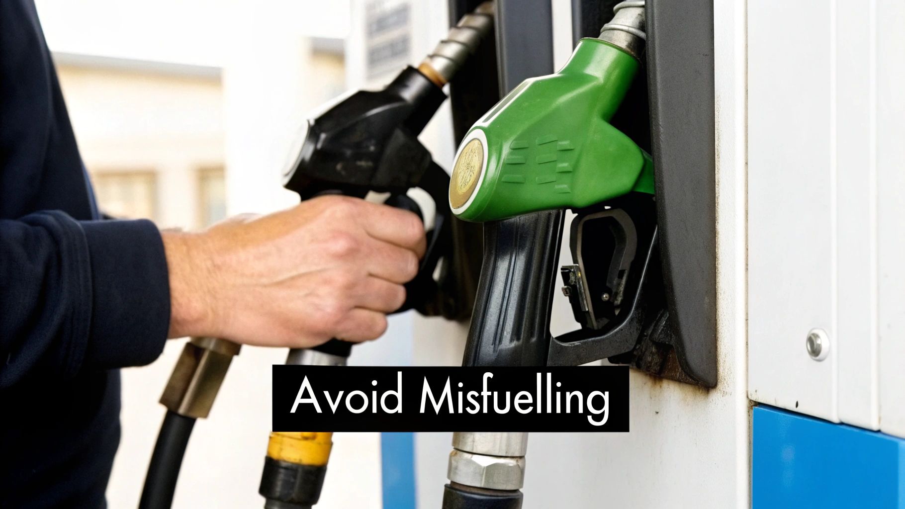 Hands holding a black fuel pump at a gas station, with a green nozzle nearby, advising to avoid misfuelling.