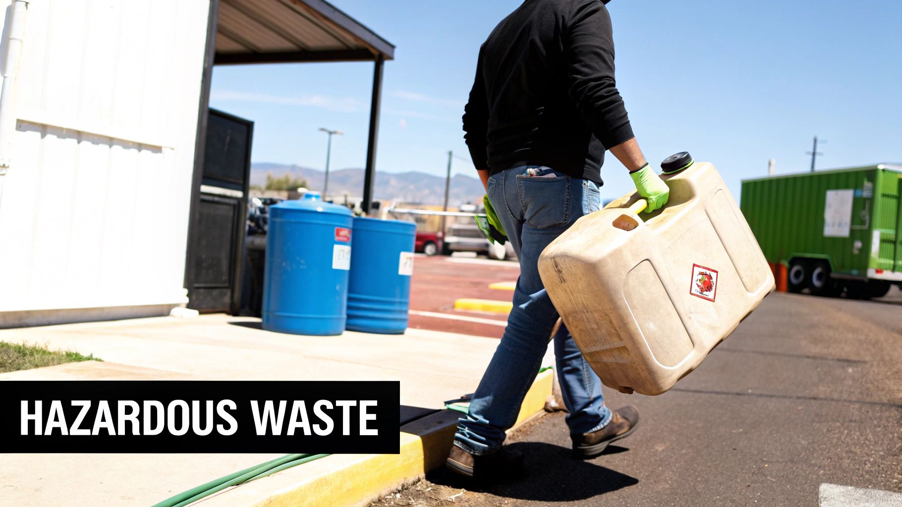 Person in green gloves carries a beige hazardous waste container with a warning label, near blue barrels.