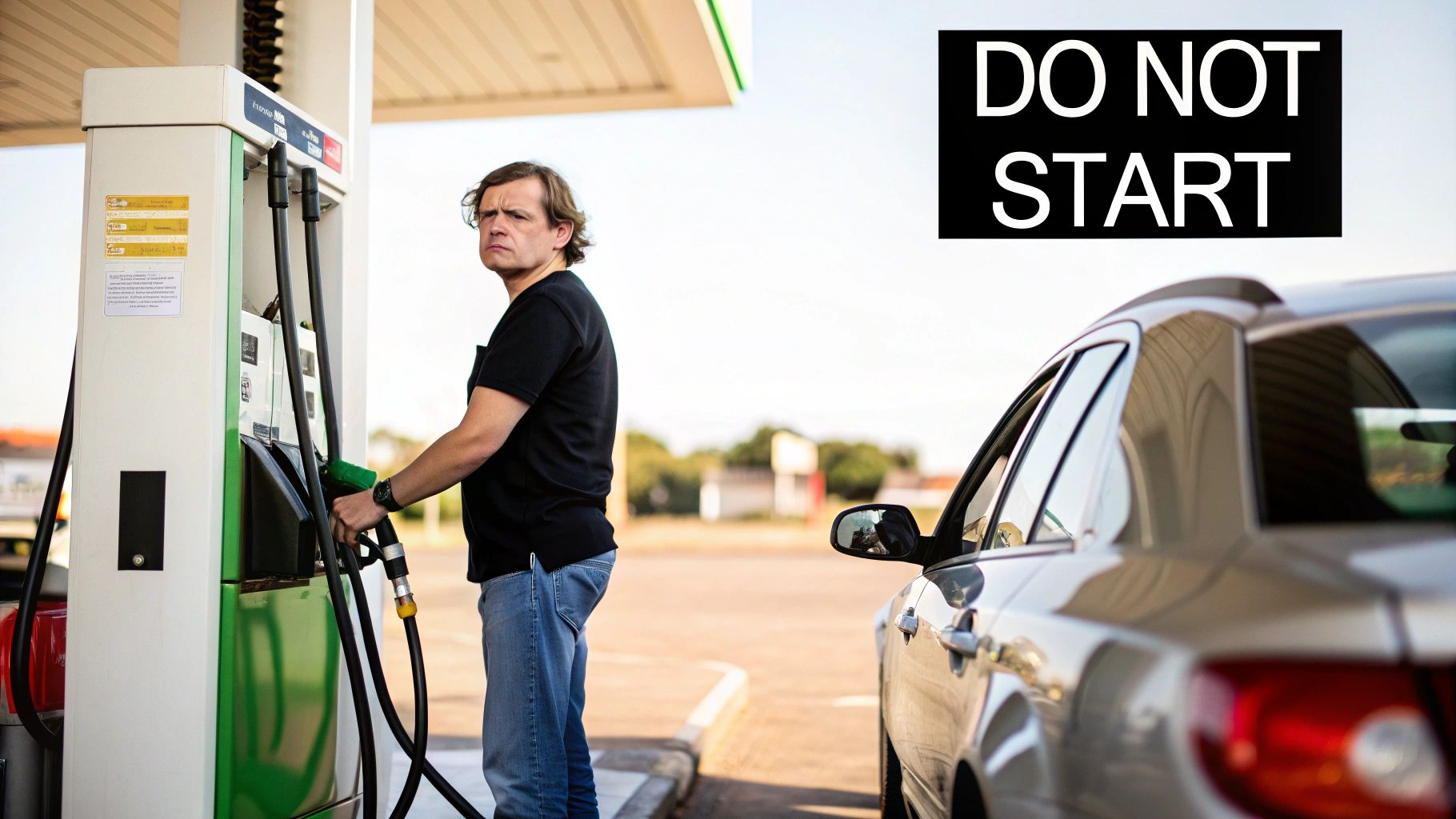 A man with a serious expression is pumping gas into his silver car at a gas station.