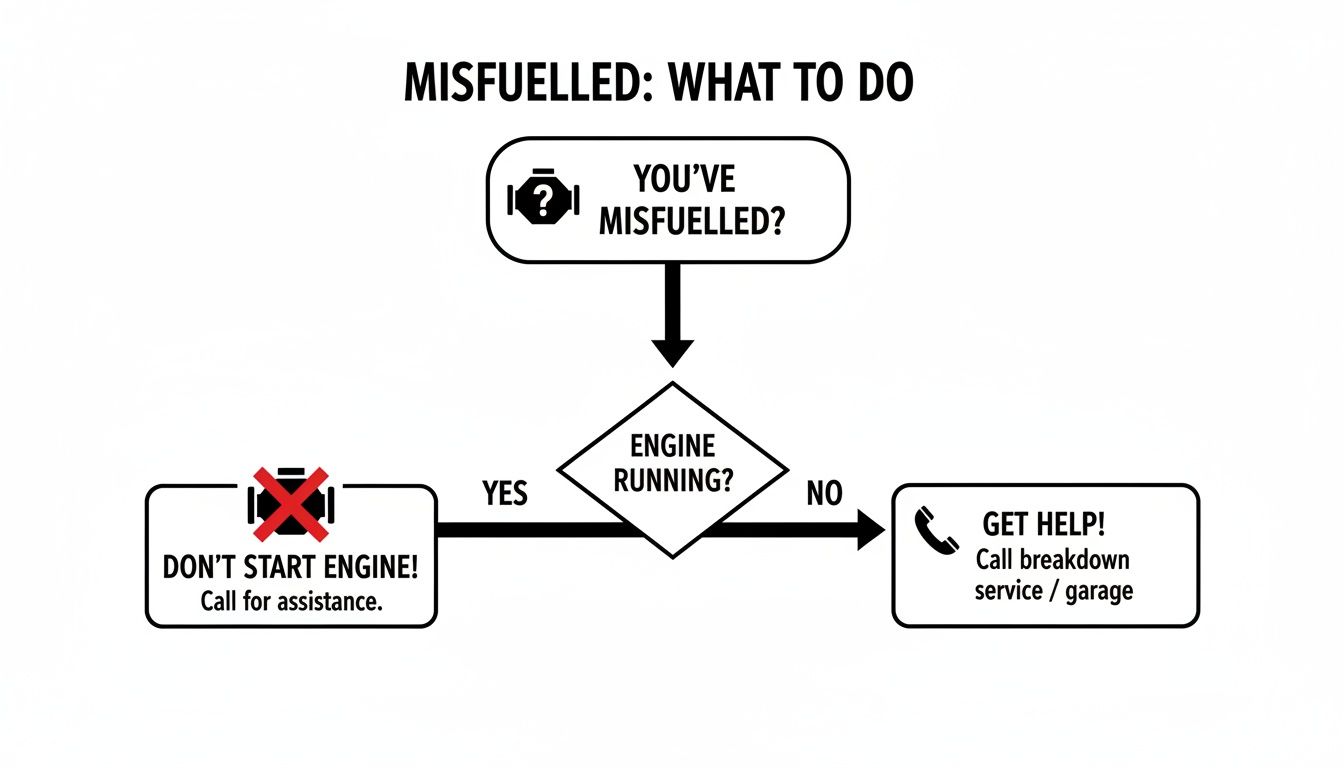 Flowchart guiding actions if a vehicle has been misfueled, based on whether the engine is running.