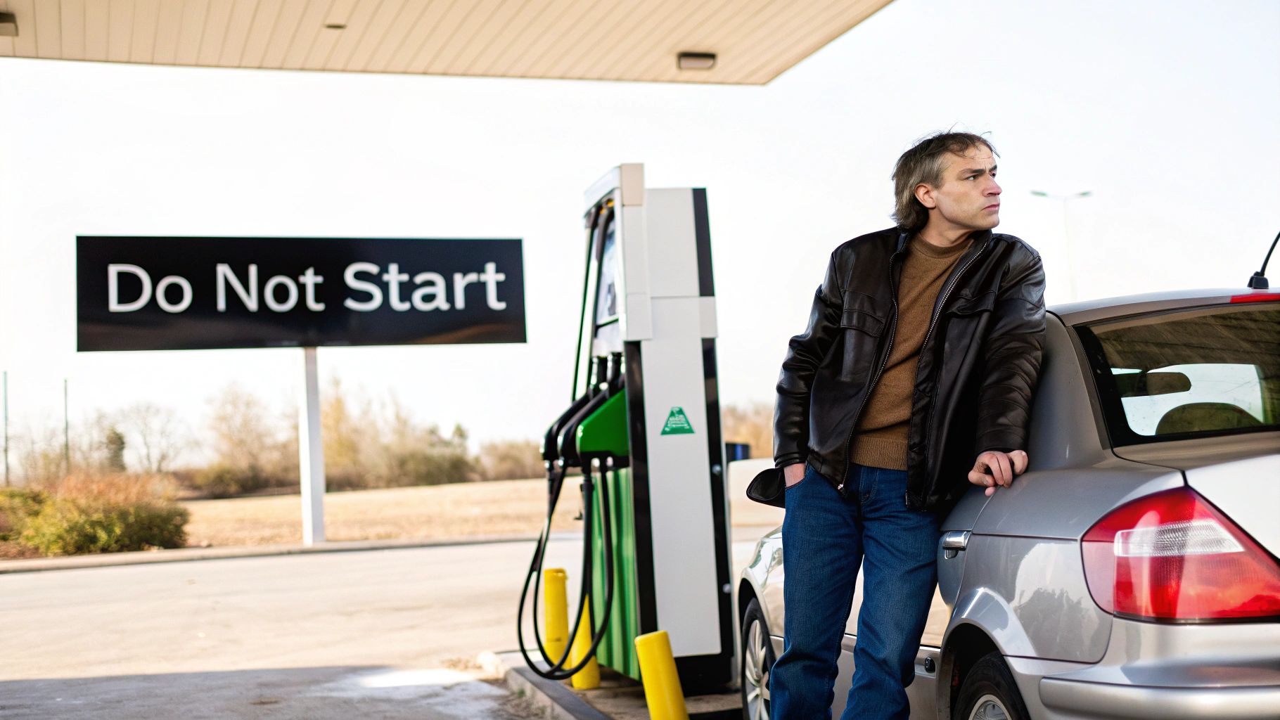 Person standing at gas station with do not start sign after putting wrong fuel in car