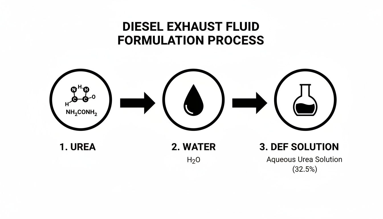 Diagram illustrating the Diesel Exhaust Fluid (DEF) formulation process, showing urea and water combining.