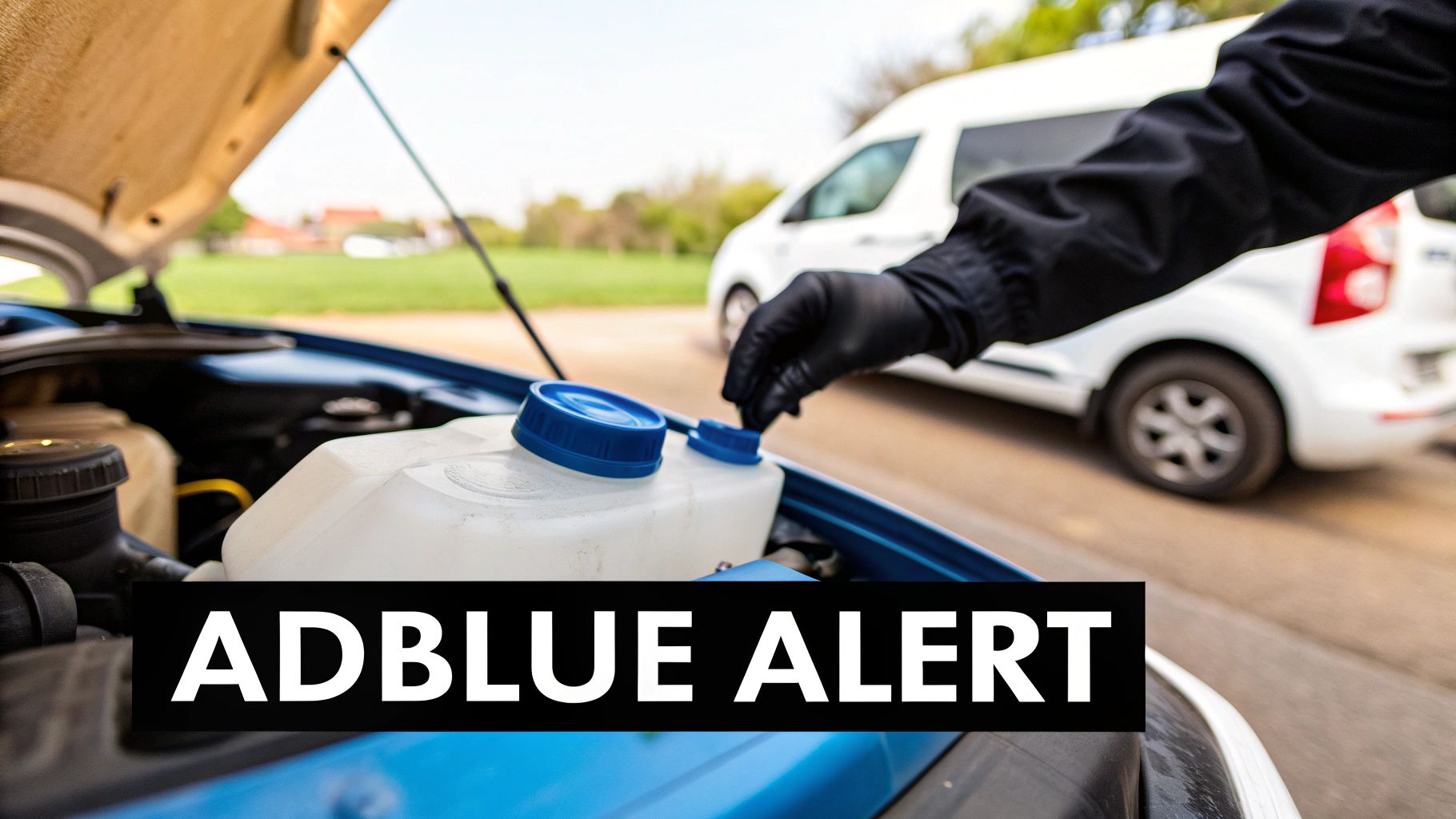 A gloved hand opening a blue cap on a car's AdBlue tank under an open hood.
