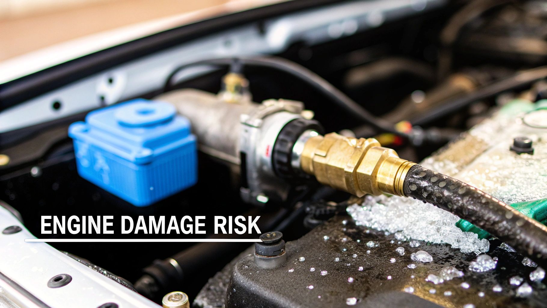 Close-up of a car engine with a foamy white spill, highlighting an engine damage risk.
