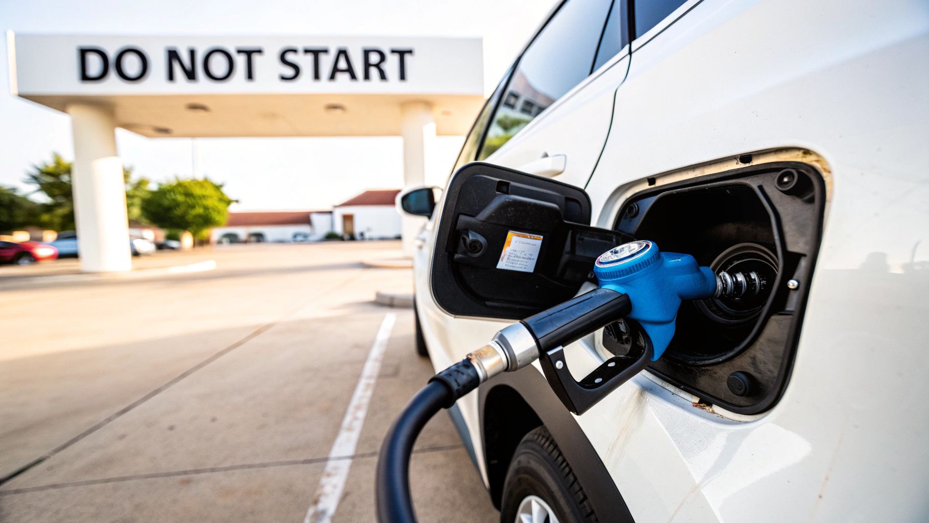 A blue fuel nozzle filling a white car's tank at a station with a 'DO NOT START' sign.