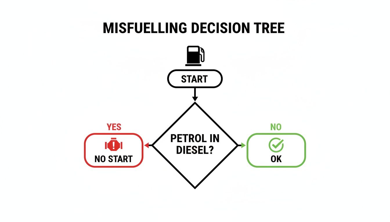 A simple flowchart illustrating the consequences of putting petrol into a diesel engine.