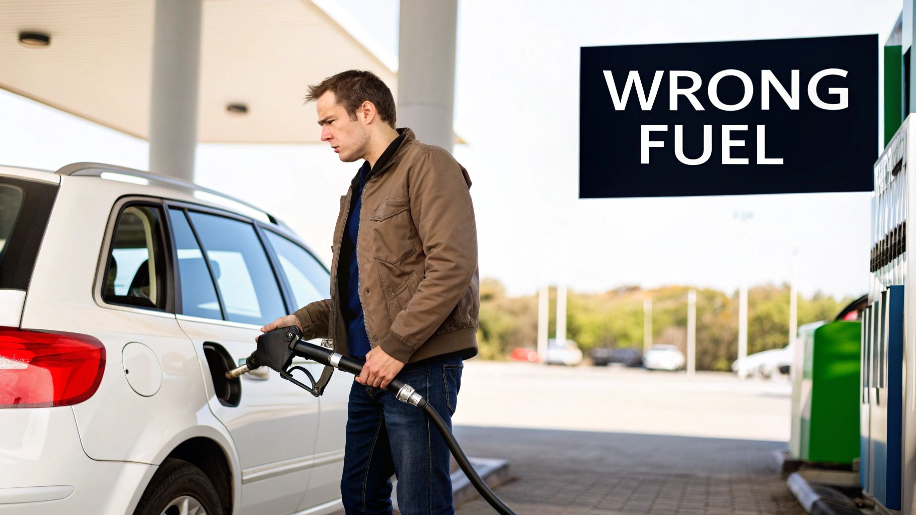 A man looking concerned while mistakenly fueling his white car at a gas station, with a 'Wrong Fuel' sign visible.